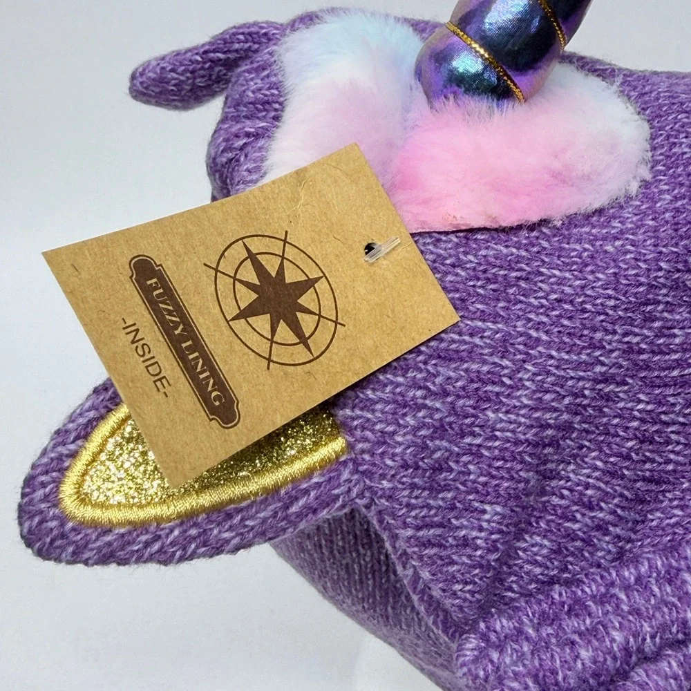 James Paul Youth Purple Unicorn Beanie Hat and Mitten Set Faux Fur Lined NWT